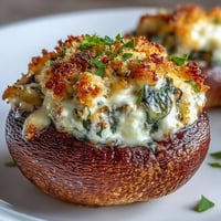 Spinach ricotta stuffed mushrooms on a baking sheet, golden and bubbling with melted cheese and fresh herbs.  
