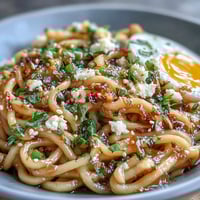 A steaming bowl of viral garlic butter ramen, rich with glossy sauce and topped with green onions and a soft-boiled egg.