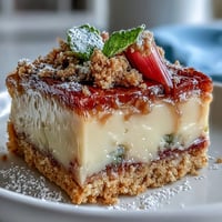 Buttery shortbread crust topped with tangy rhubarb and creamy custard in these delightful Rhubarb Custard Bars.  