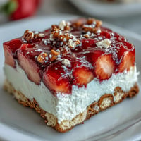 A vibrant Memorial Day Strawberry Pretzel Salad with a golden pretzel crust, creamy cheesecake layer, and glistening strawberry topping.
