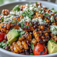 Vibrant grilled corn and black bean taco salad with fresh avocado, cherry tomatoes, and zesty lime dressing in a colorful bowl.  