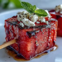 Juicy watermelon feta bites photographed beautifully with a drizzle of balsamic glaze.