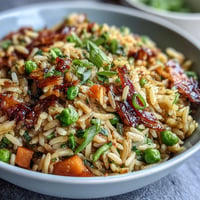 Orzo fried rice style dish with colorful vegetables, featuring fluffy pasta.