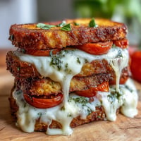 Golden Caprese Grilled Cheese with melty mozzarella, juicy tomatoes, basil.