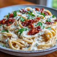 Creamy sun-dried tomato alfredo pasta glistening with Parmesan cheese, garnished with basil.