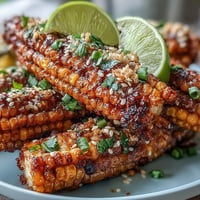 Golden chili crisp corn ribs, lightly charred, seasoned with scallions and sesame.