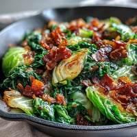 Close-up of Fried Cabbage with Bacon and Onions, glistening and golden.
