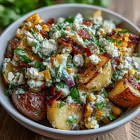 Elote Potato Salad: creamy, tangy, and topped with crumbled cotija cheese and cilantro.