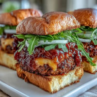 Juicy Peach Bourbon BBQ Meatloaf Sliders topped with glistening sauce on soft buns.