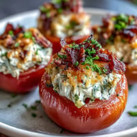Juicy tuna melt stuffed tomatoes baking until golden and bubbly.