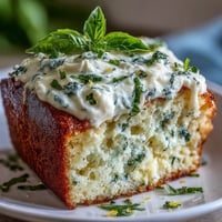 Frosted Lemon Basil Poke Cake with vibrant green herb flecks, a refreshing summer treat.