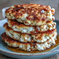Golden Apple Cinnamon Cottage Cheese Pancakes stacked high with syrup.
