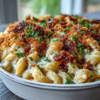 Creamy Chili Crisp Pumpkin Mac and Cheese, baked golden with crunchy topping.