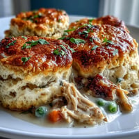 Golden chicken pot pie biscuit casserole bubbling and ready to serve.